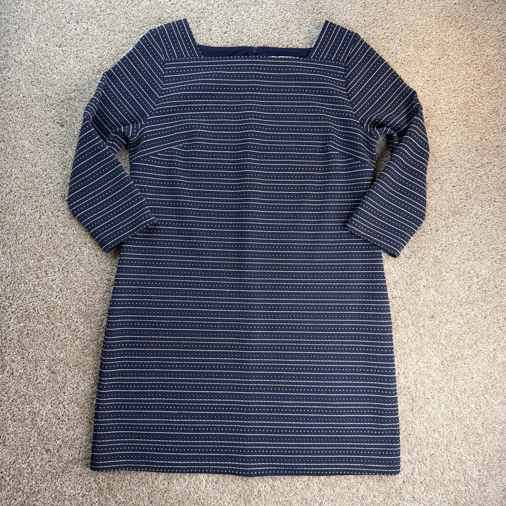 LOFT Dress Womens M Blue Striped 3/4 Sleeve Square Neck Knit Shift Workwear